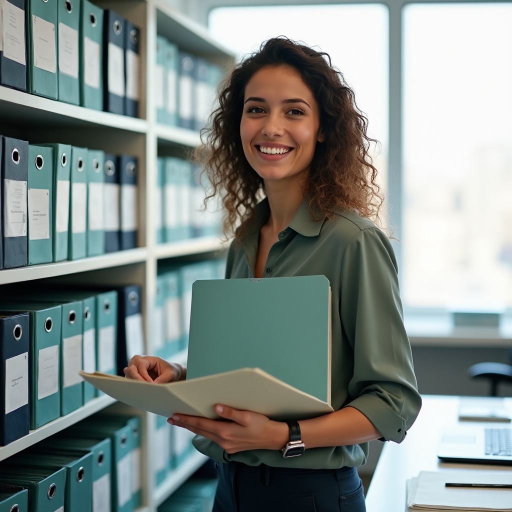Cooperative administrator organizing files and records in a clean modern office setting
