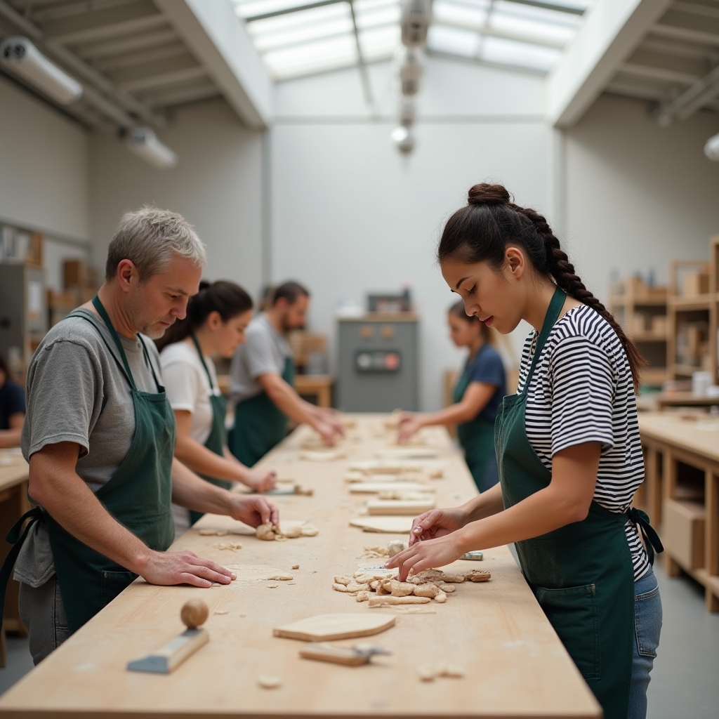 Workers in a cooperative production workspace collaborating on a shared project