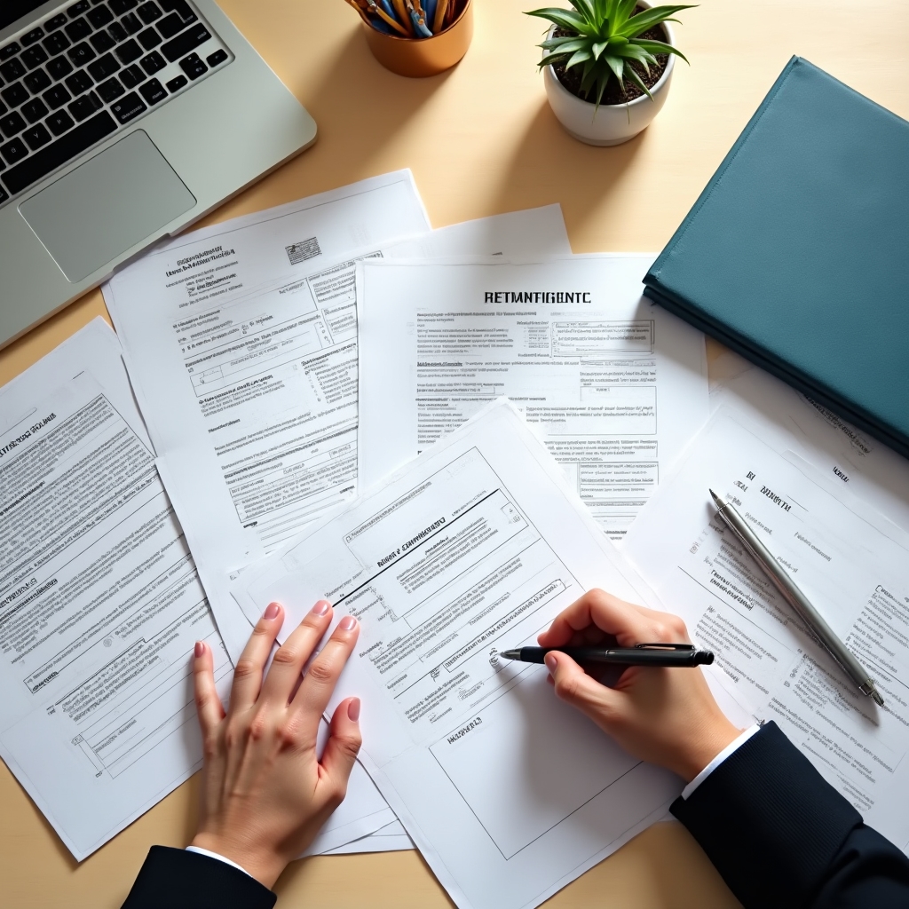 Administrative consultant preparing a cooperative registration package with organized documents and forms