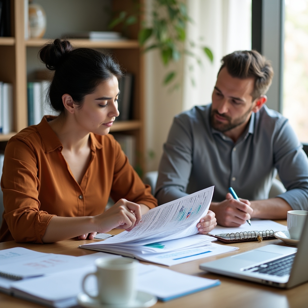 Consultant and cooperative member working together on a social balance annual report at a desk